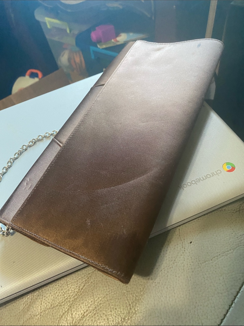 Debut Satin Evening Clutch Bag with Chain Strap - Chocolate Brown - Picture 3 of 4